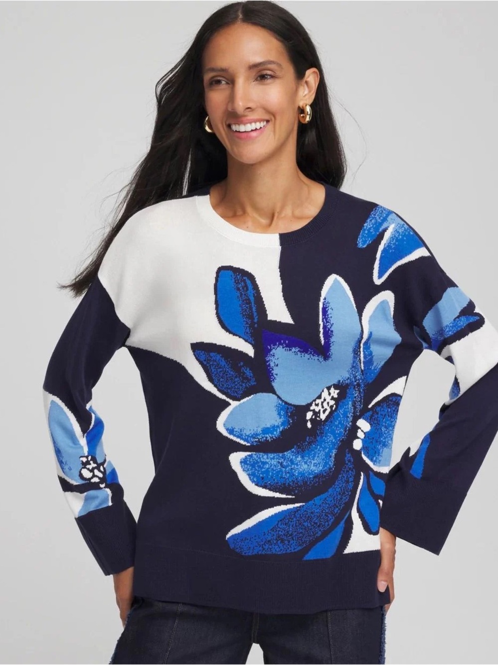 CHICO’S Lightweight Navy Blue & White Floral Crewneck Sweater